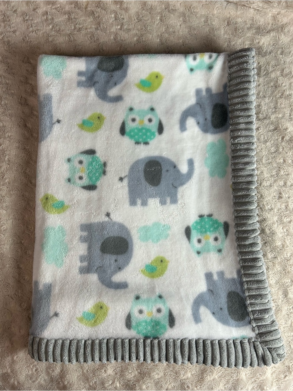 Garanimals Owl Elephant Baby Blanket Gray White Ribbed Edge Green Bird Clouds